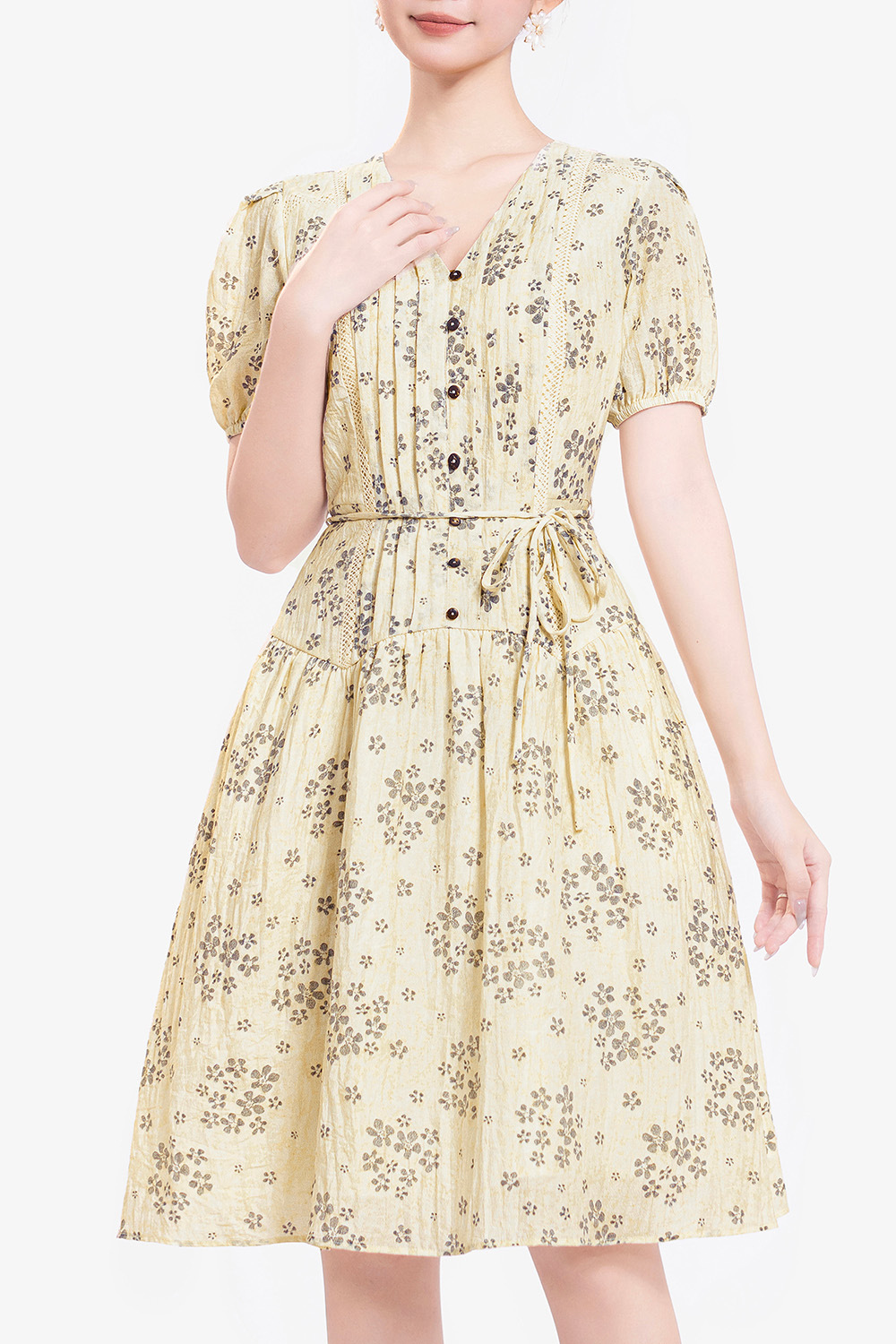 Đầm hoa nhí dáng xòe phối thắt lưng