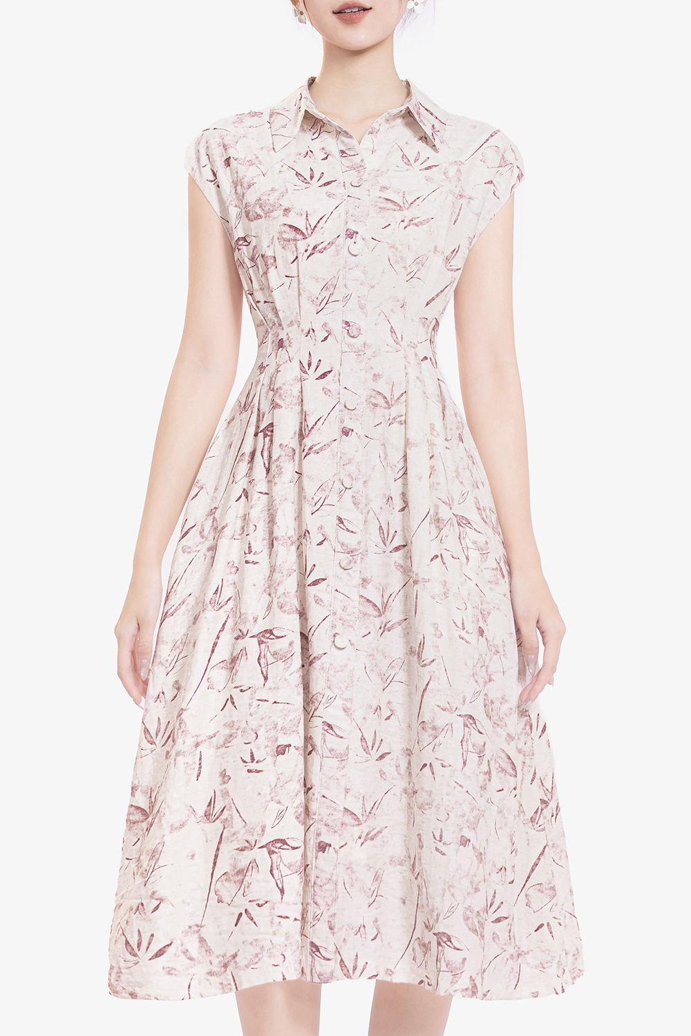 Đầm sơ mi trắng họa tiết hoa dáng xòe