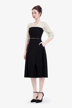 Đầm đen tay lỡ phối tơ nến dáng xòe