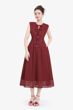 Đầm ren đỏ dáng xòe sát nách