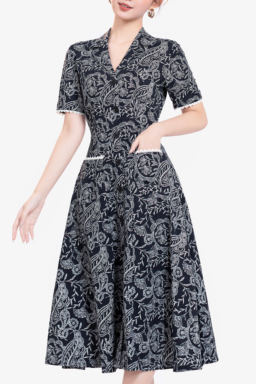 Đầm xòe công sở nữ cổ đan tông hoa trắng