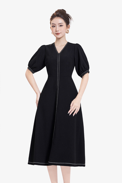 Đầm đen công sở dáng xòe viền chỉ