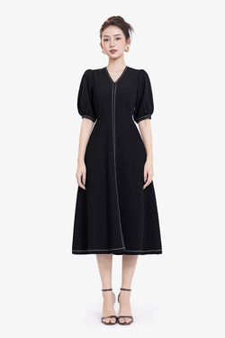Đầm đen công sở dáng xòe viền chỉ