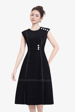 Đầm đen dáng chữ A phối nút viền chỉ