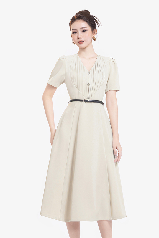 Đầm xòe công sở cổ V phối nút KK178-06