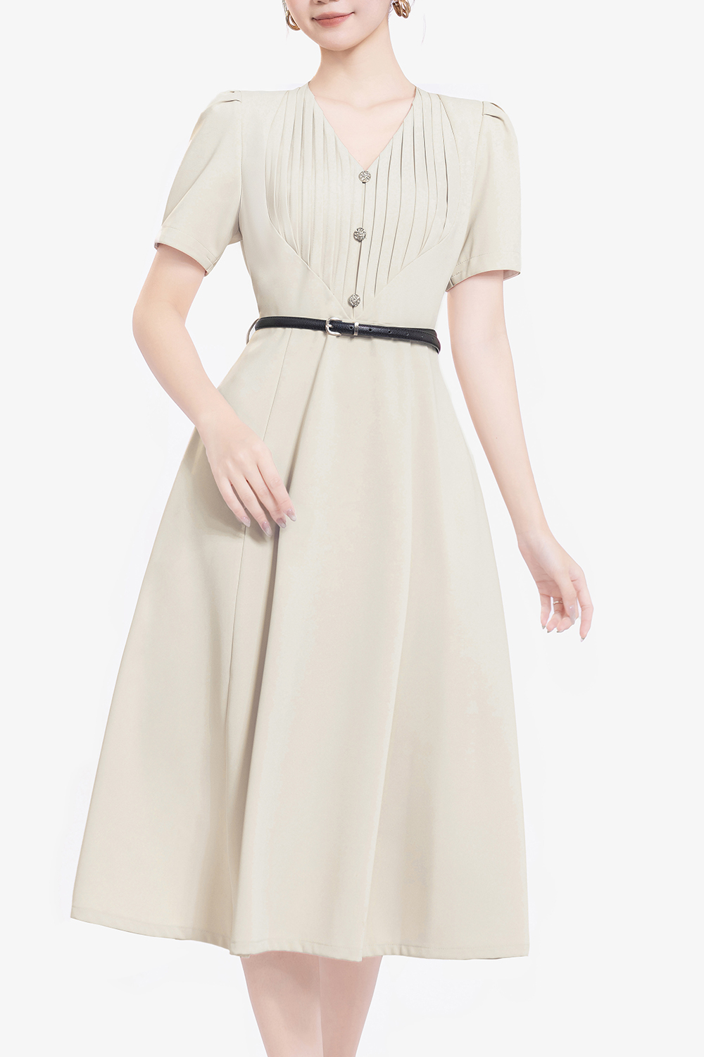 Đầm xòe công sở cổ V phối nút