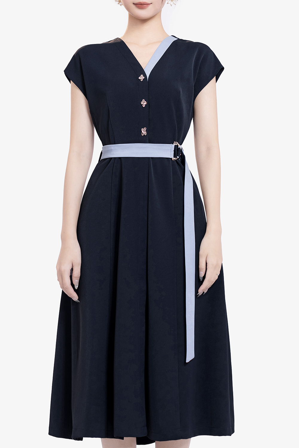 Đầm xòe công sở cổ V tay chờm phối màu