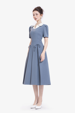 Đầm xòe công sở màu xanh cổ sơ mi trắng