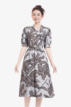 Đầm xòe họa tiết hoa bản lớn cổ sen