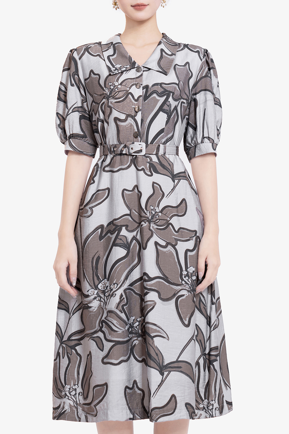 Đầm xòe họa tiết hoa bản lớn cổ sen