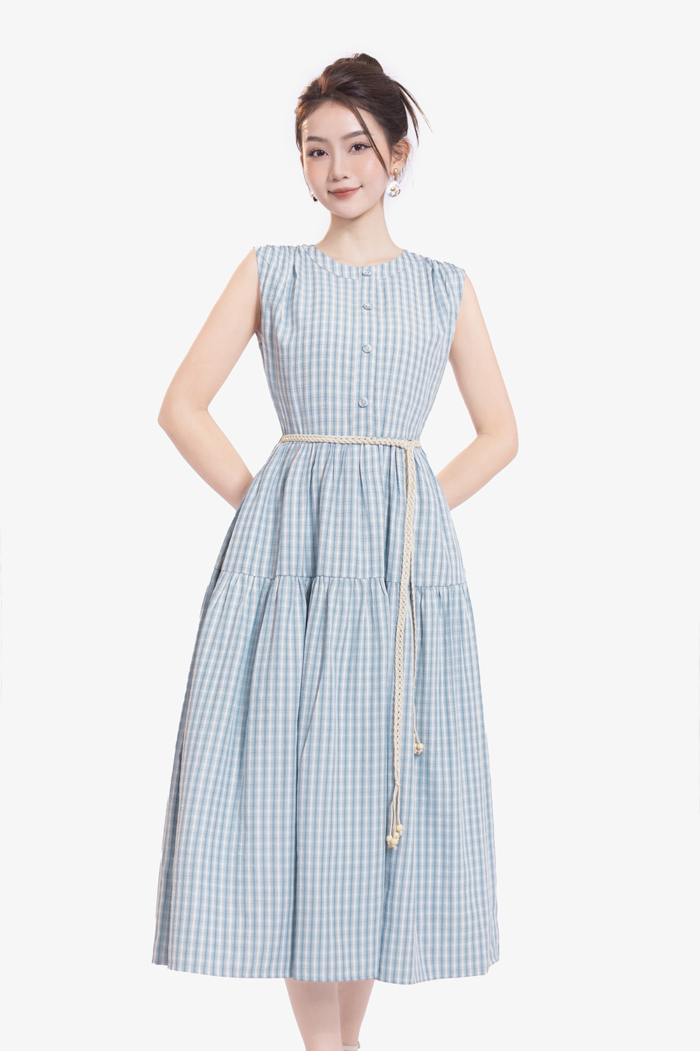 Đầm xòe dài caro xanh cổ tròn sát nách