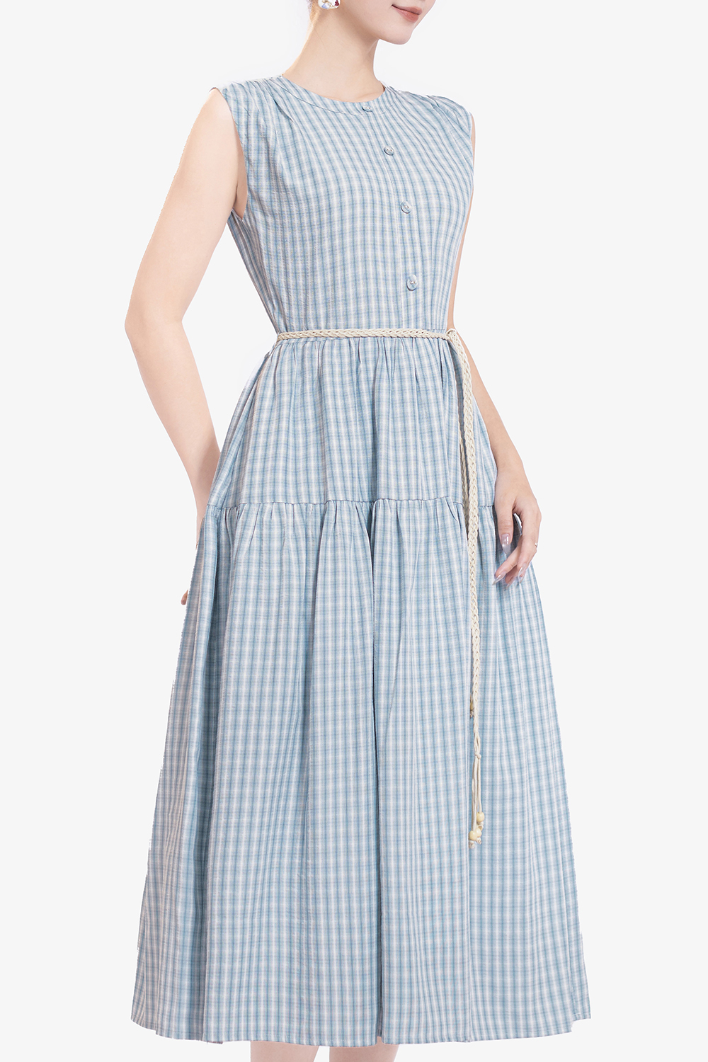 Đầm xòe dài caro xanh cổ tròn sát nách