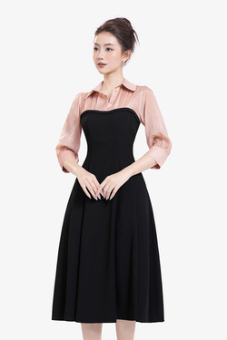 Đầm đen xòe công sở phối màu tay lỡ