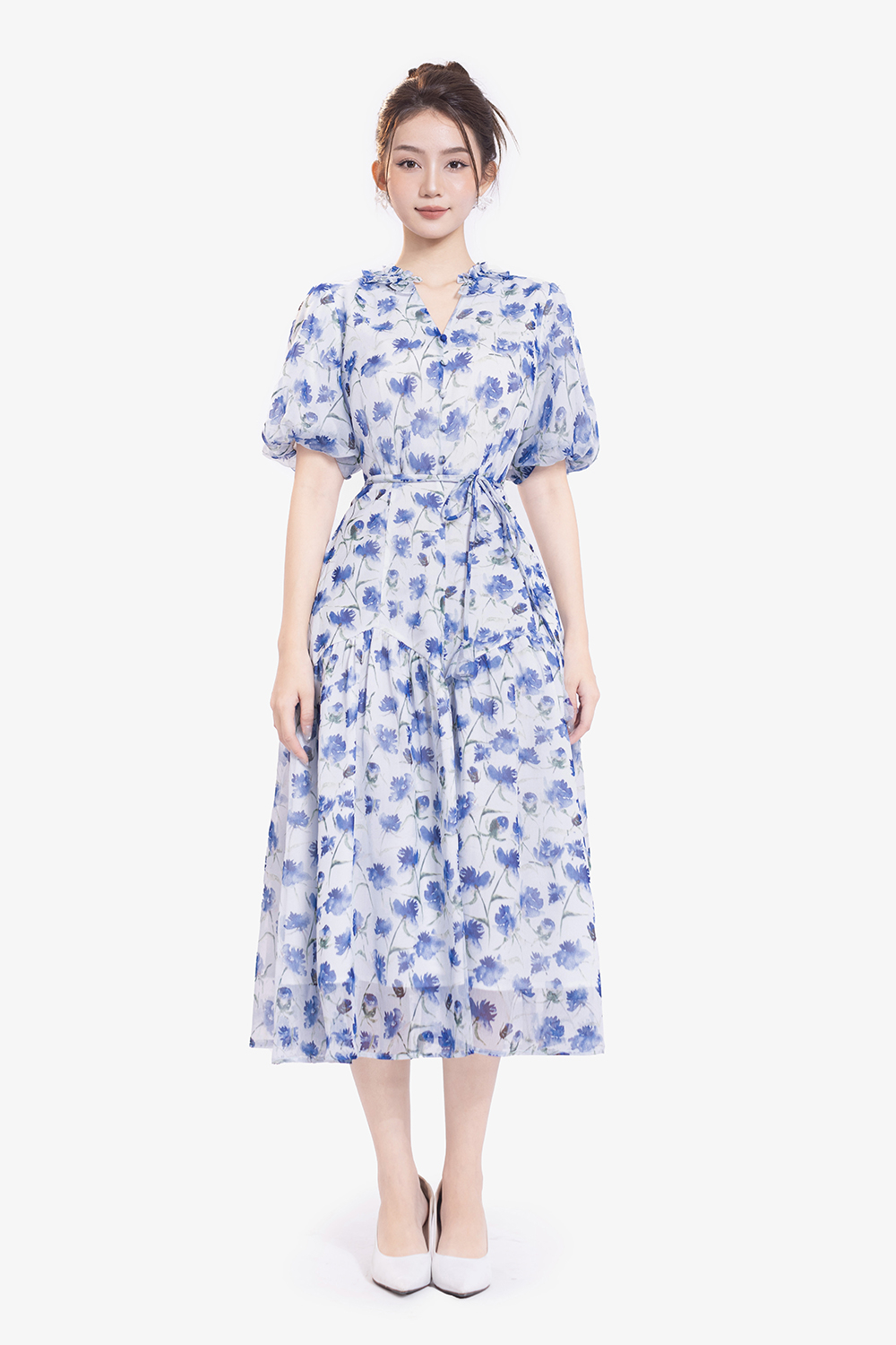 Đầm hoa dáng xòe dài tay chuông