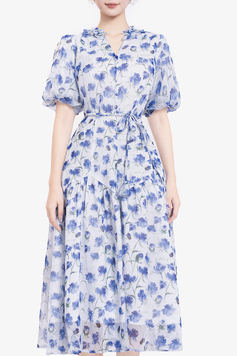 Đầm hoa dáng xòe dài tay chuông