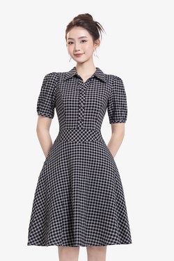 Đầm ngắn xòe caro đen cổ sơ mi