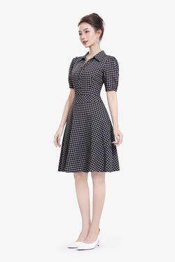 Đầm ngắn xòe caro đen cổ sơ mi