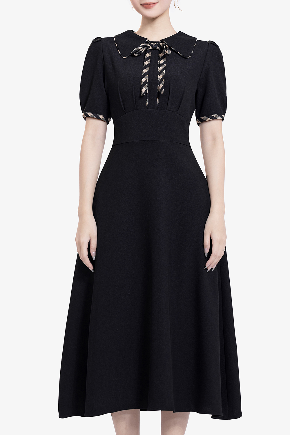 Đầm xòe đen công sở cổ phối nơ caro