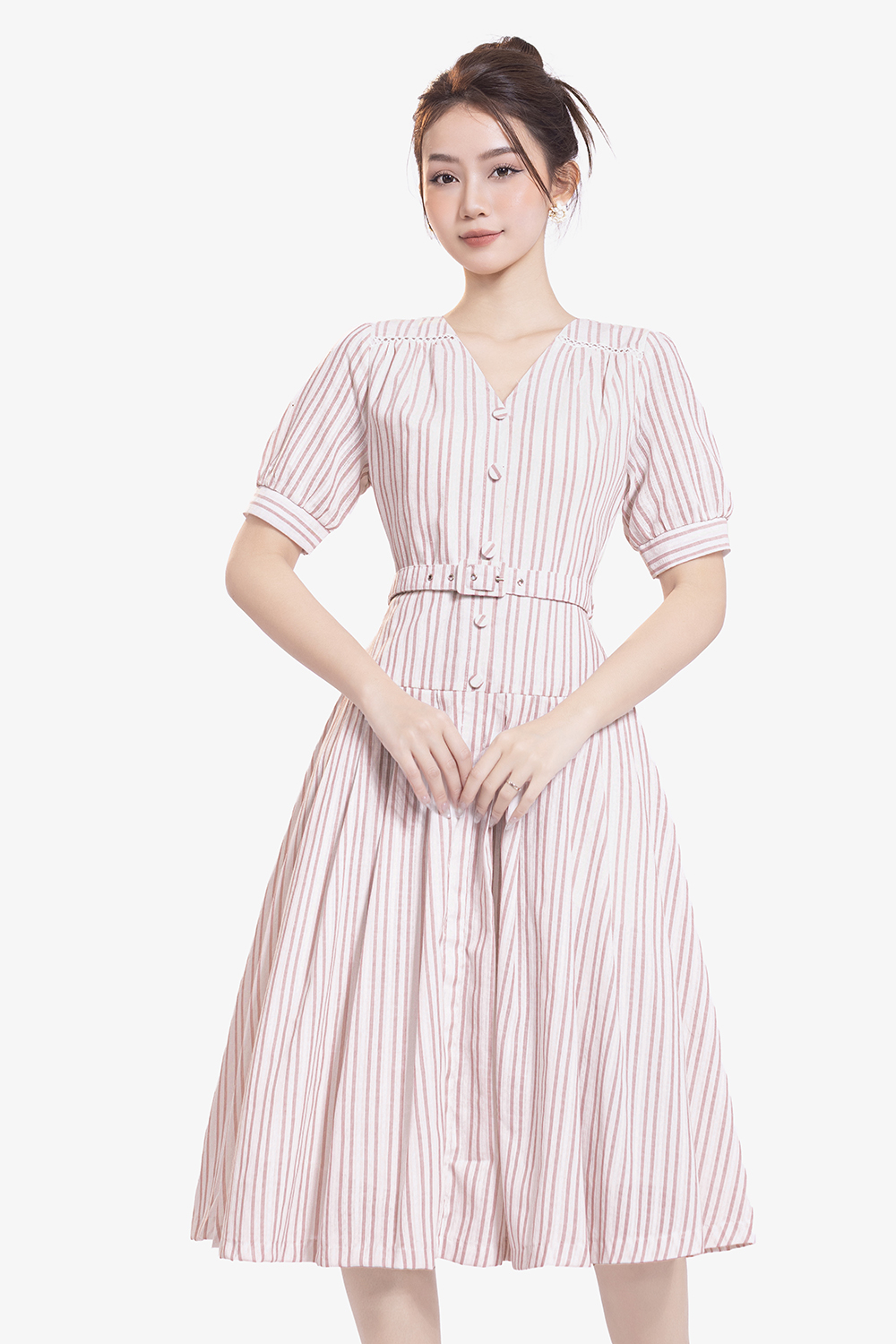 Đầm xòe cotton kẻ sọc phối thắt lưng