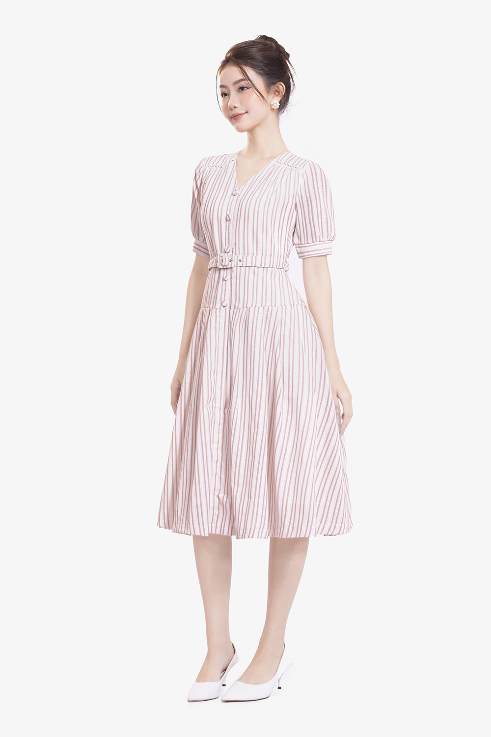 Đầm xòe cotton kẻ sọc phối thắt lưng