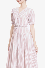Đầm xòe cotton kẻ sọc phối thắt lưng