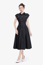 Đầm xòe denim cổ sơ mi phối viền chỉ