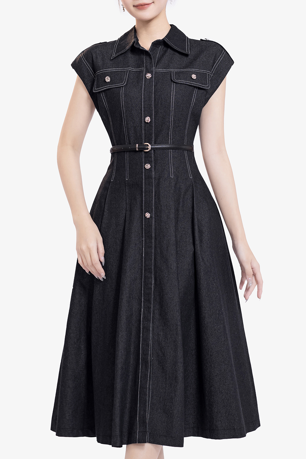 Đầm xòe denim cổ sơ mi phối viền chỉ