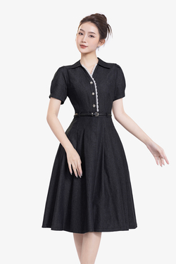 Đầm xòe denim cổ sơ mi phối ren trắng