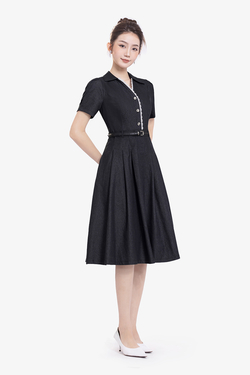 Đầm xòe denim cổ sơ mi phối ren trắng