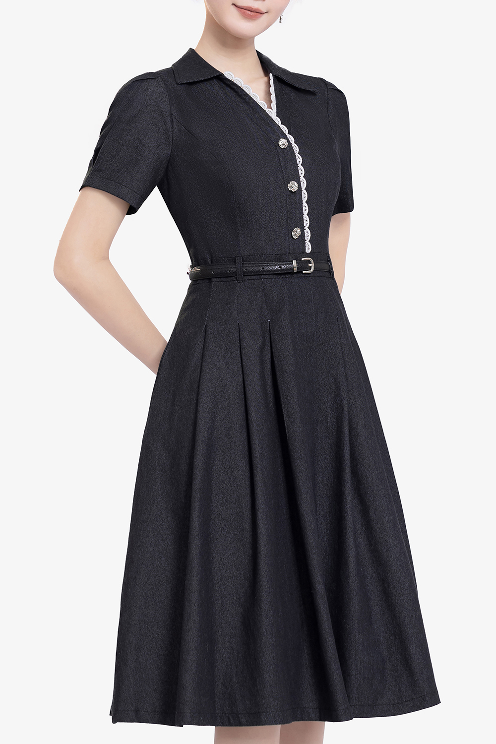 Đầm xòe denim cổ sơ mi phối ren trắng