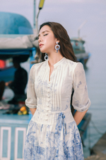 Đầm xòe tay lỡ họa tiết phối thắt lưng