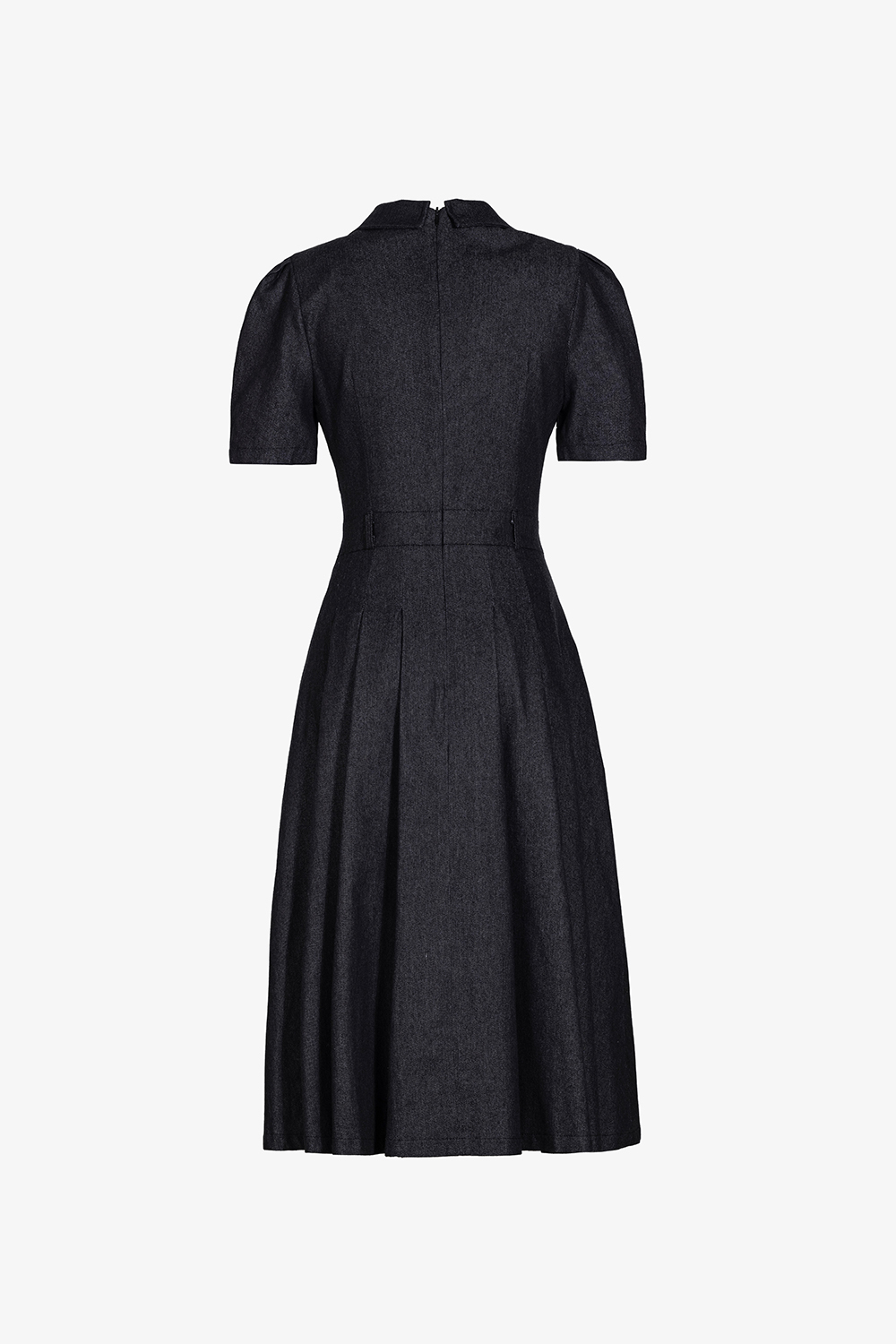 Đầm xòe denim cổ sơ mi phối ren trắng