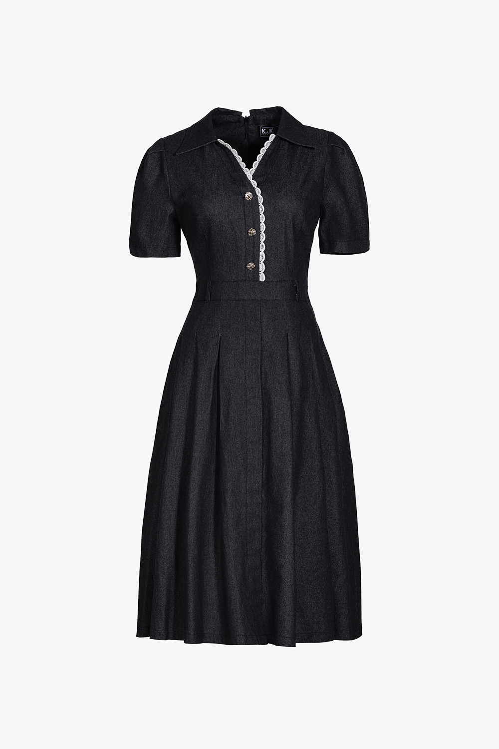 Đầm xòe denim cổ sơ mi phối ren trắng