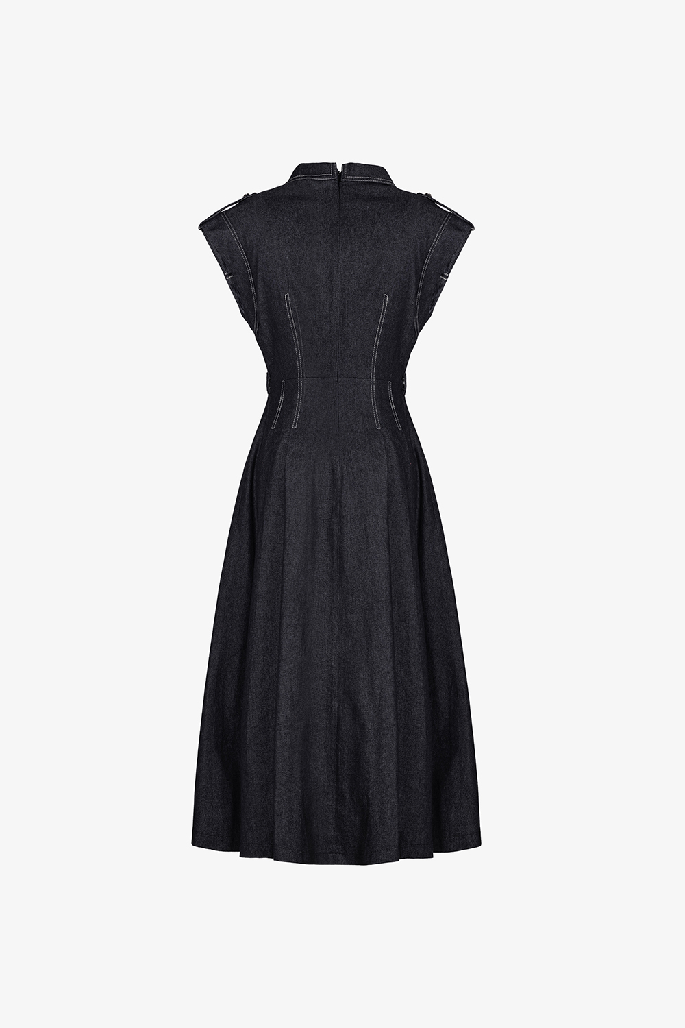 Đầm xòe denim cổ sơ mi phối viền chỉ