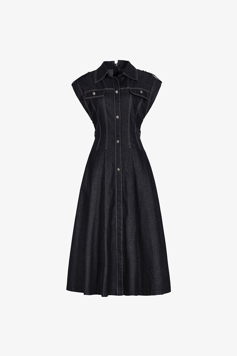 Đầm xòe denim cổ sơ mi phối viền chỉ