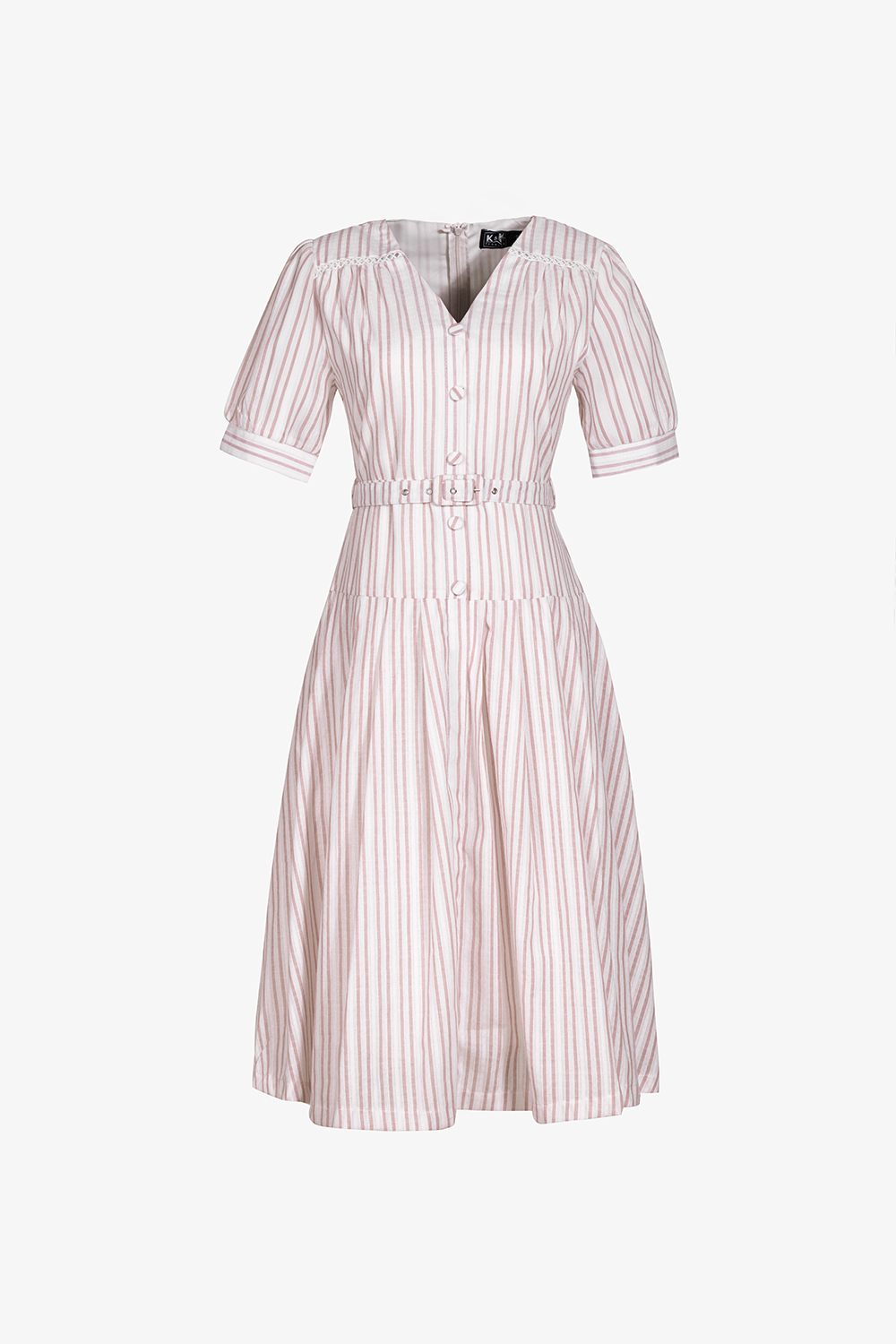 Đầm xòe cotton kẻ sọc phối thắt lưng