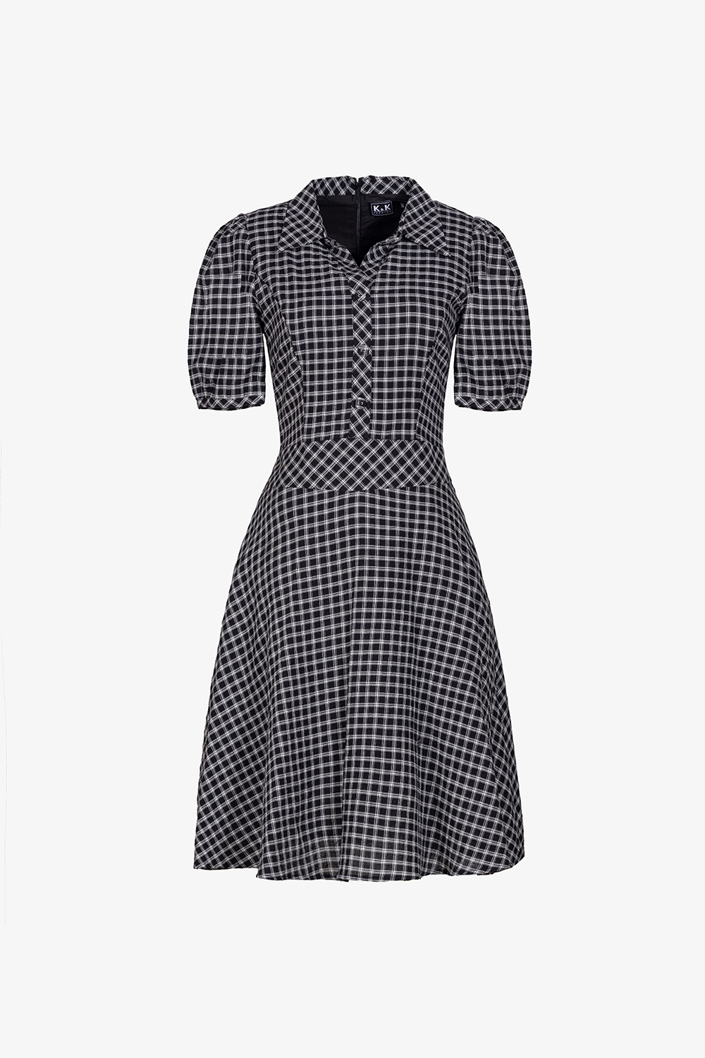 Đầm ngắn xòe caro đen cổ sơ mi