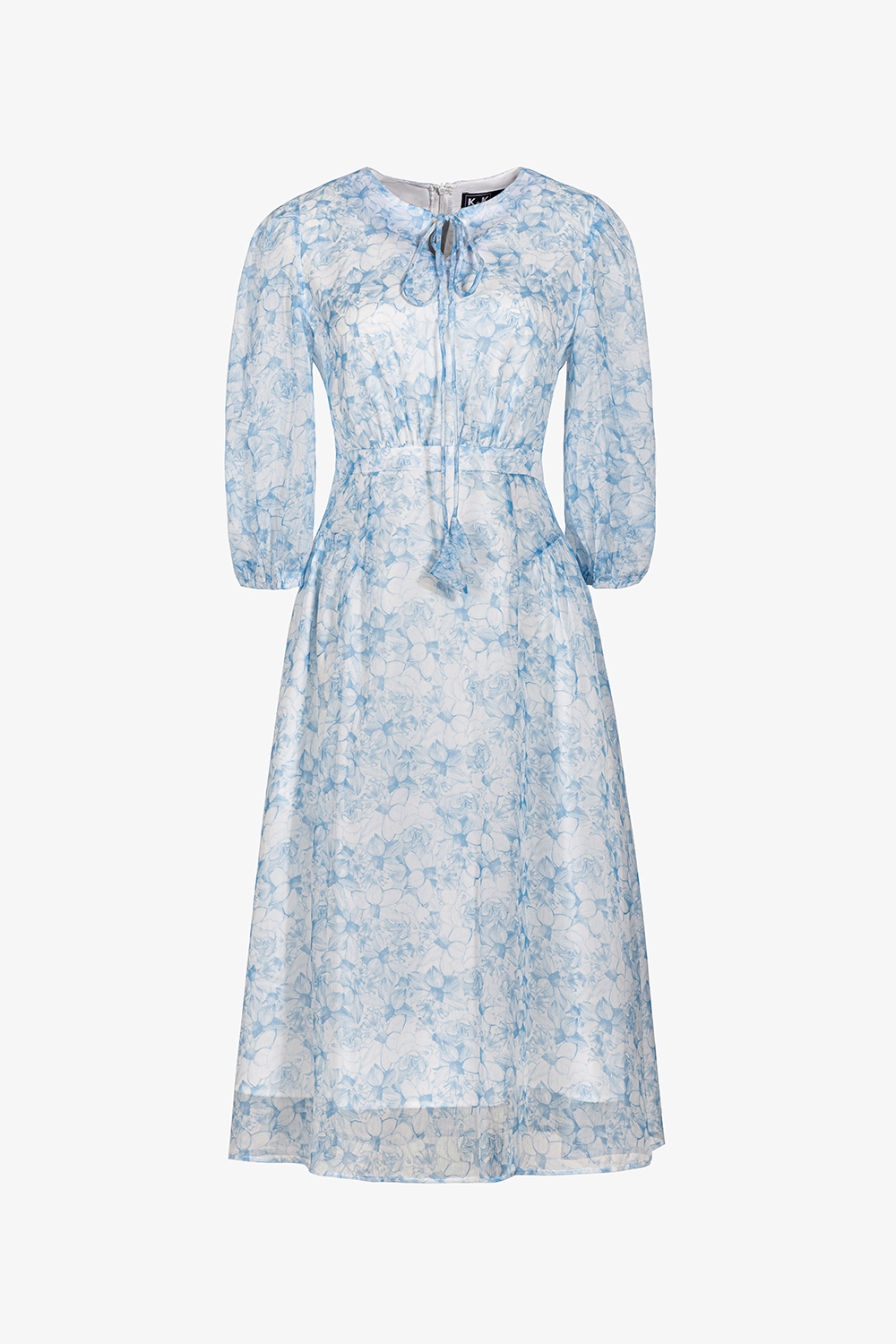 Đầm xòe voan hoa xanh tay lửng