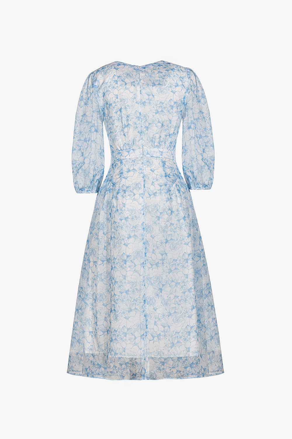 Đầm xòe voan hoa xanh tay lửng