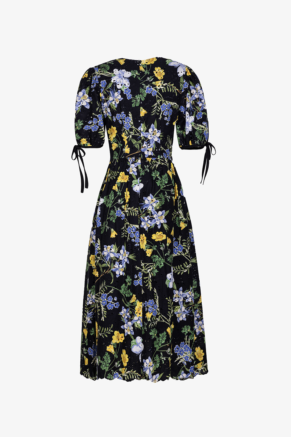 Đầm đen hoa dáng xòe tay phồng phối nơ