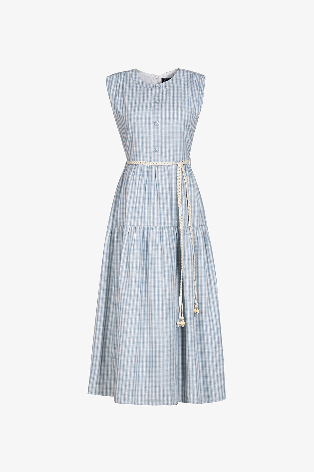 Đầm xòe dài caro xanh cổ tròn sát nách