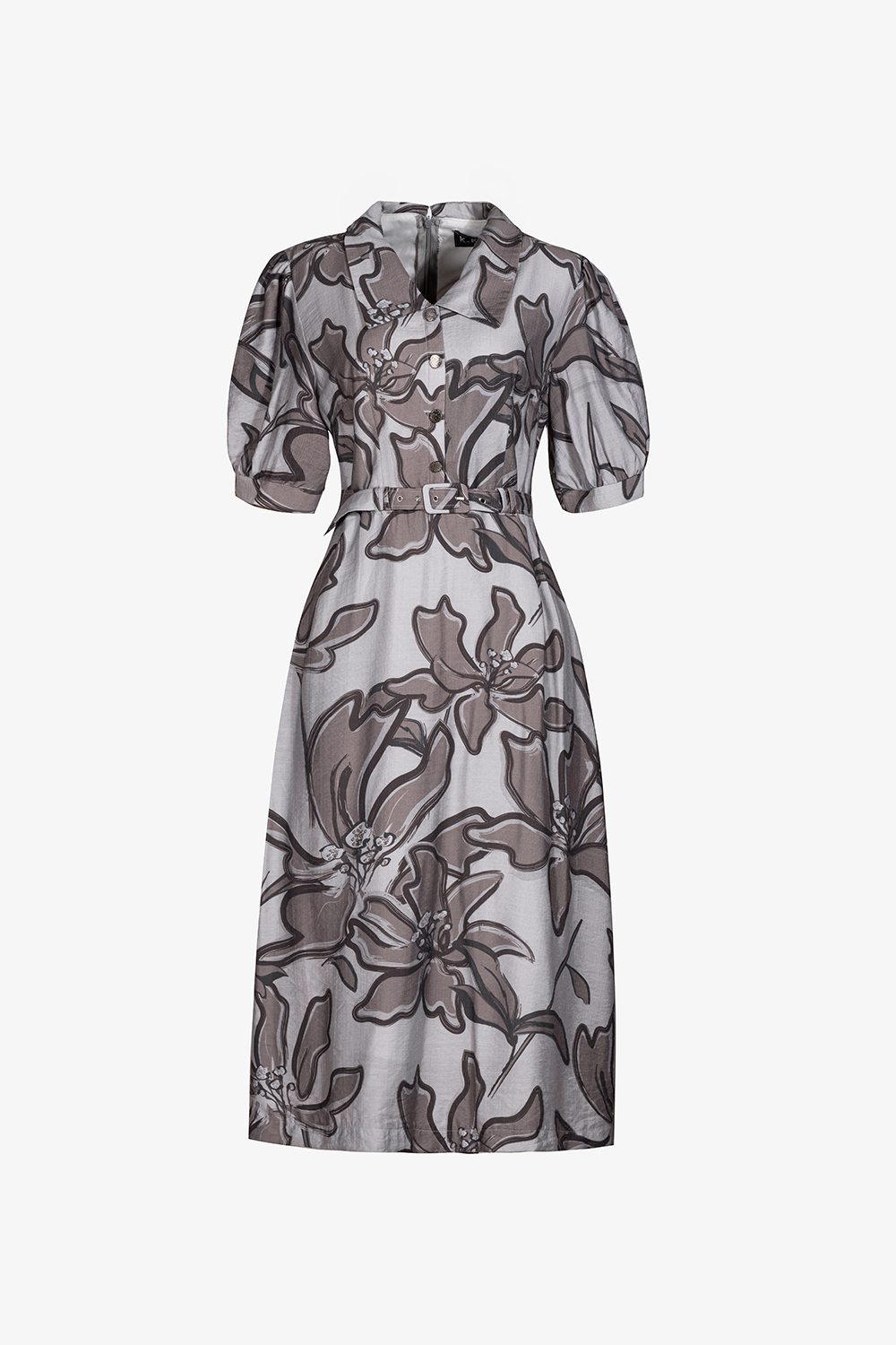 Đầm xòe họa tiết hoa bản lớn cổ sen