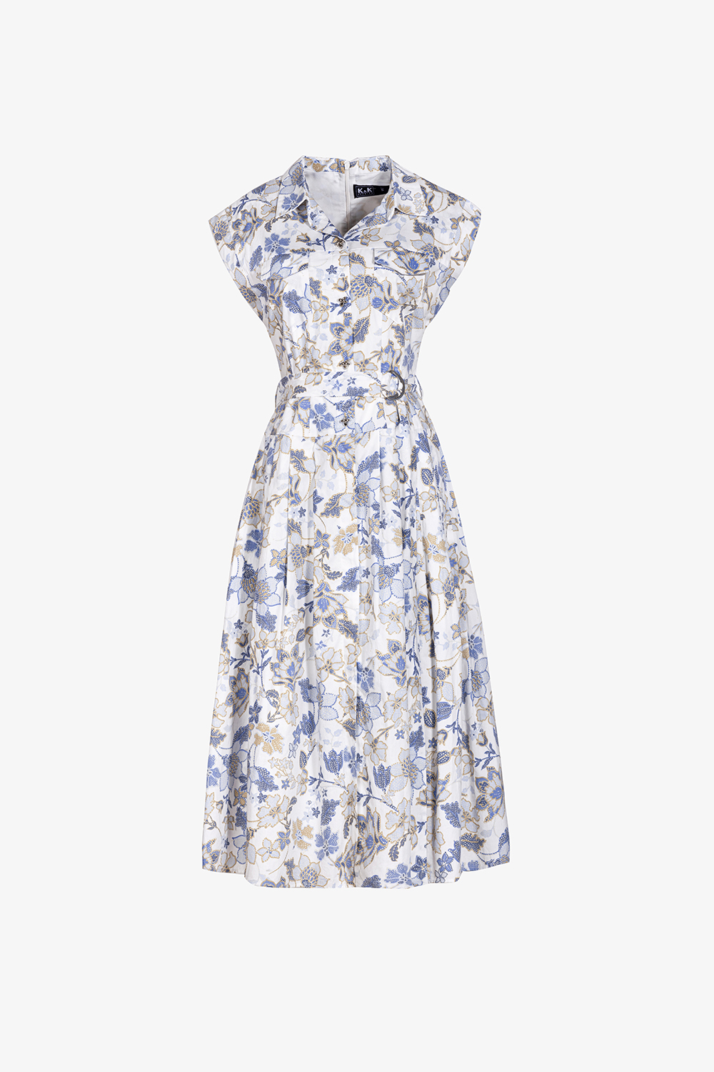 Đầm sơ mi xòe họa tiết hoa phối thắt lưng