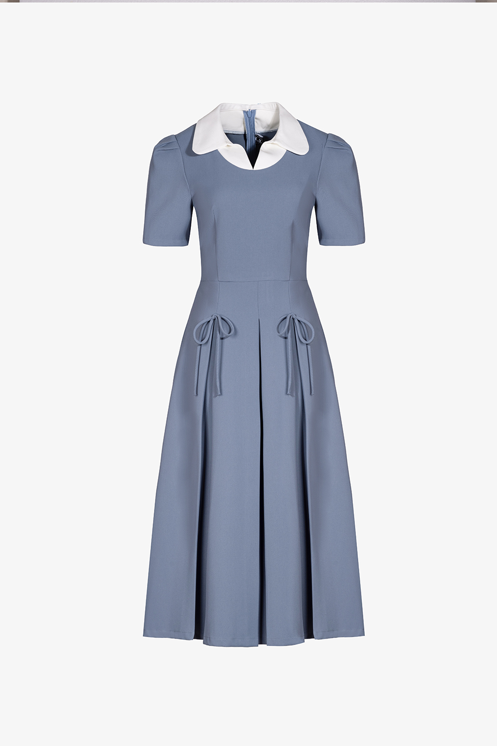 Đầm xòe công sở màu xanh cổ sơ mi trắng