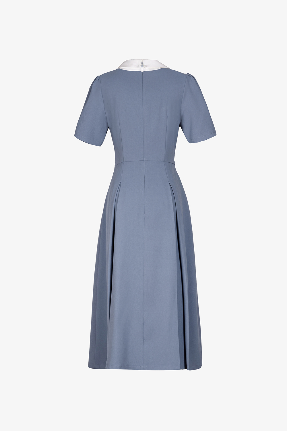 Đầm xòe công sở màu xanh cổ sơ mi trắng