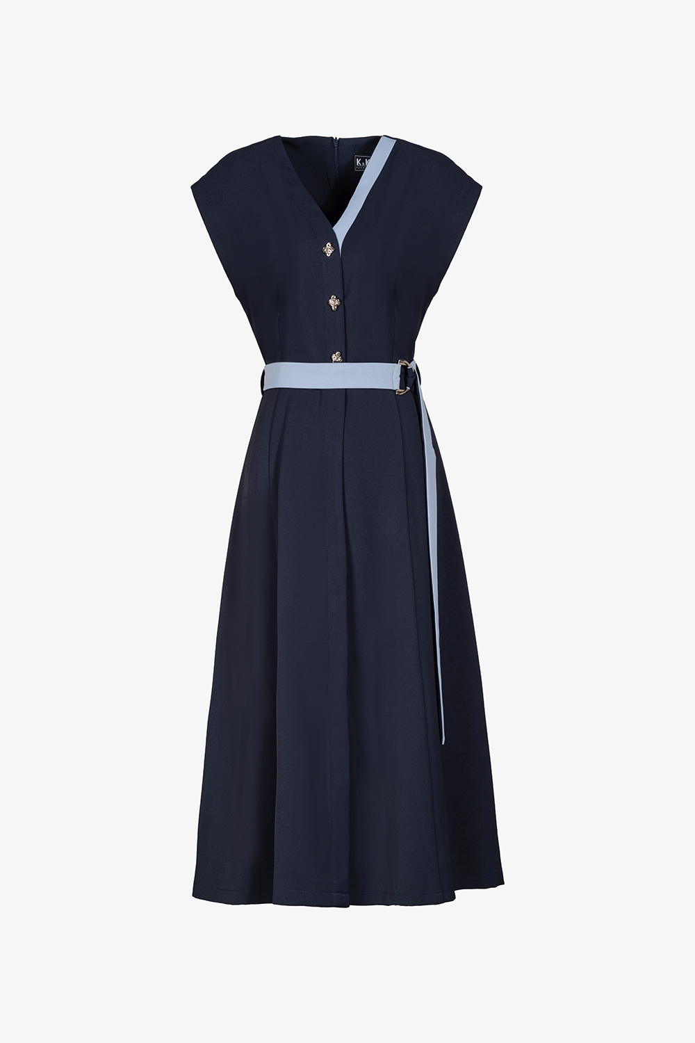 Đầm xòe công sở cổ V tay chờm phối màu