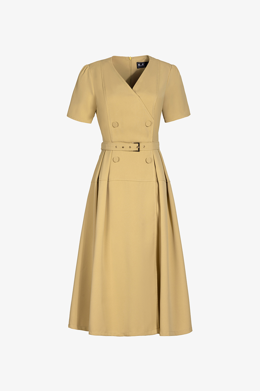 Đầm xòe xếp ly cổ V phối đai