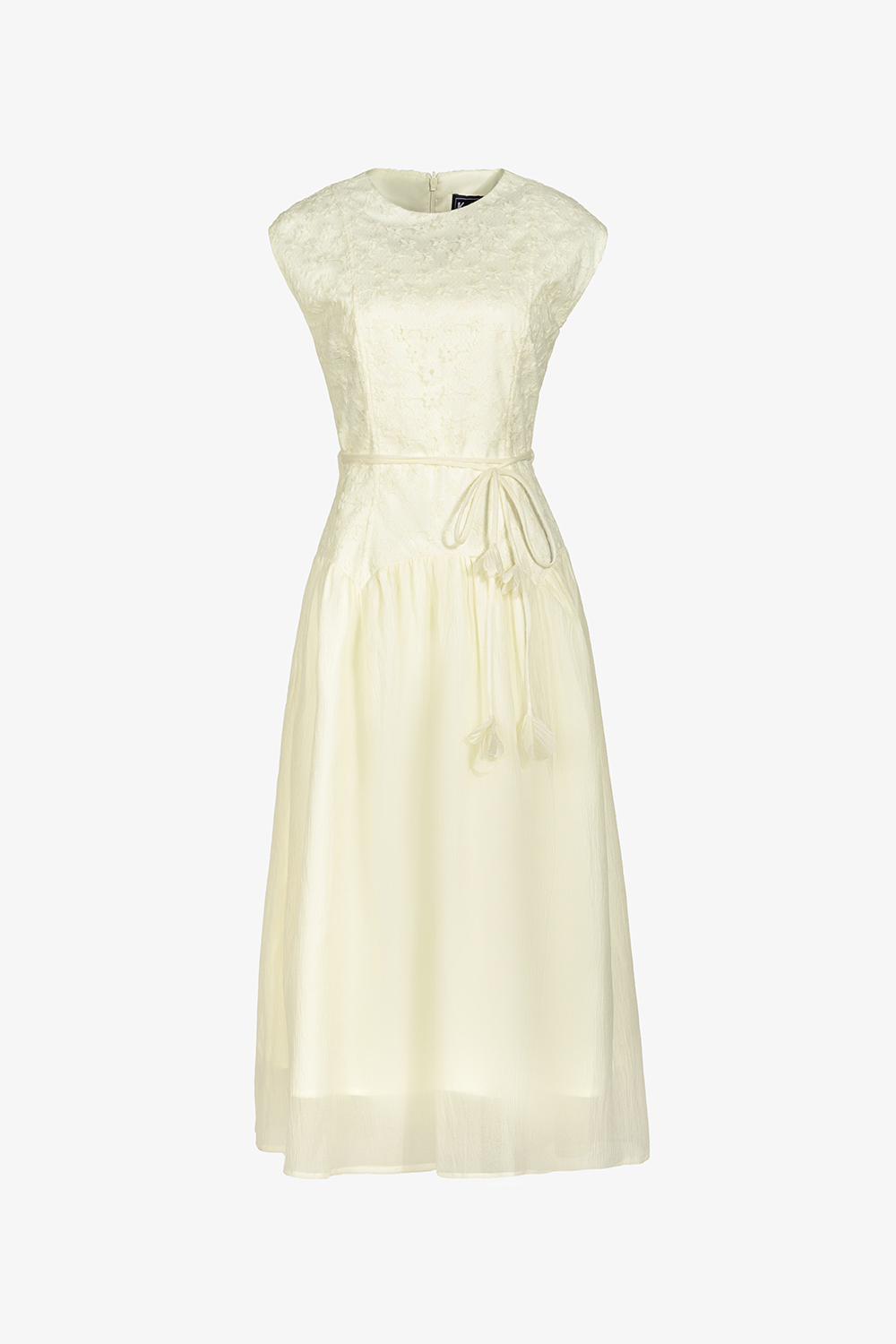 Đầm xòe ren hoa phối tơ dáng dài màu kem