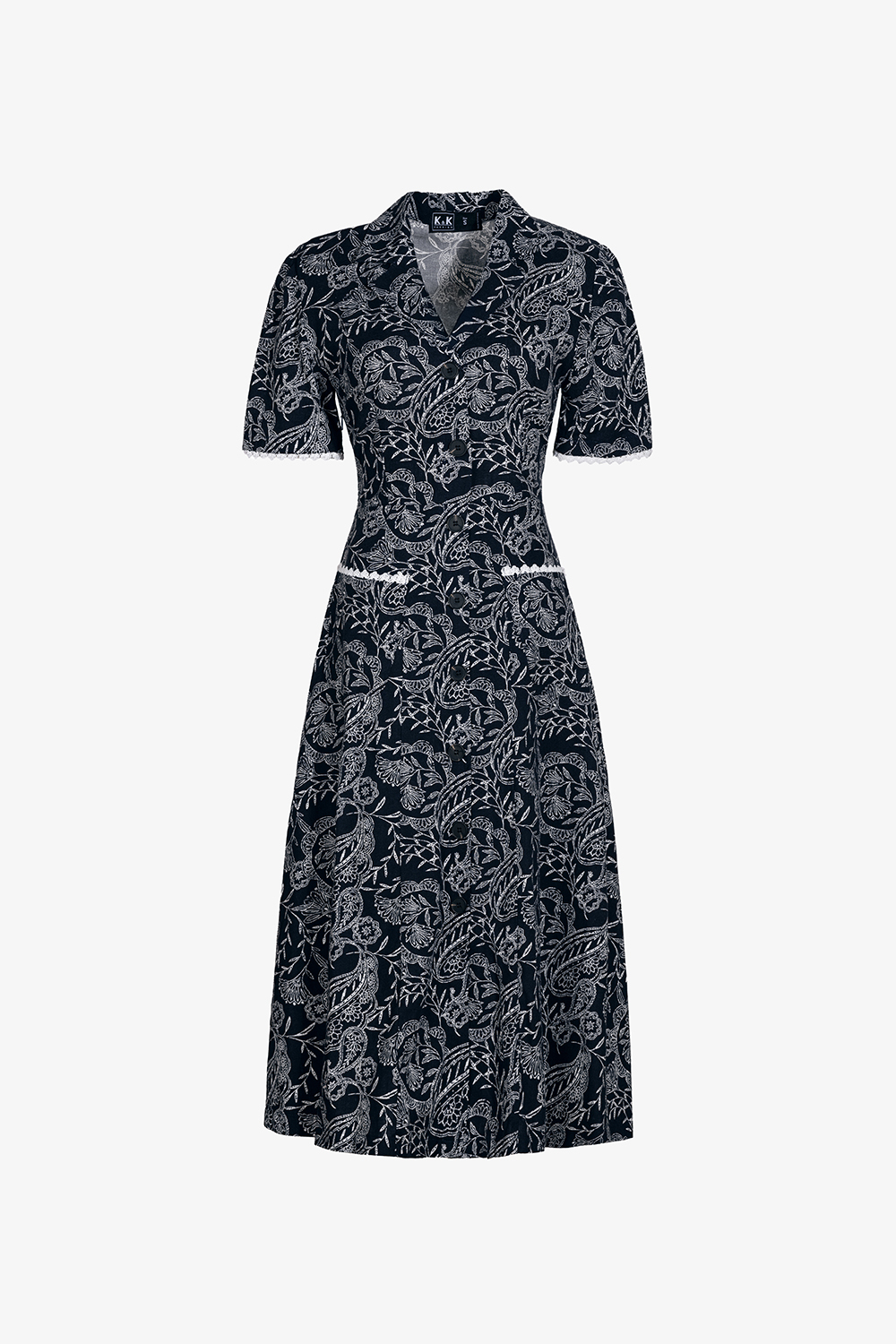 Đầm xòe công sở nữ cổ đan tông hoa trắng