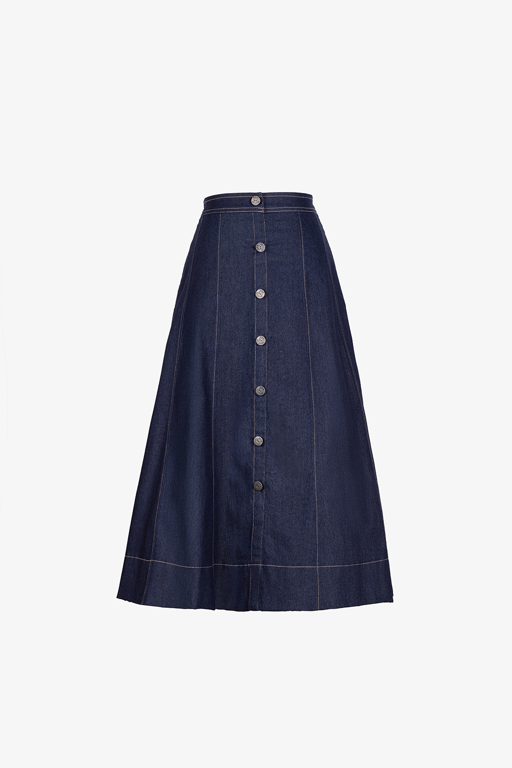 Chân váy xòe denim viền chỉ dáng dài phối nút